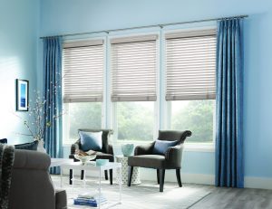 Residential living room with blue walls, wooden flooring, and white horizontal blinds.